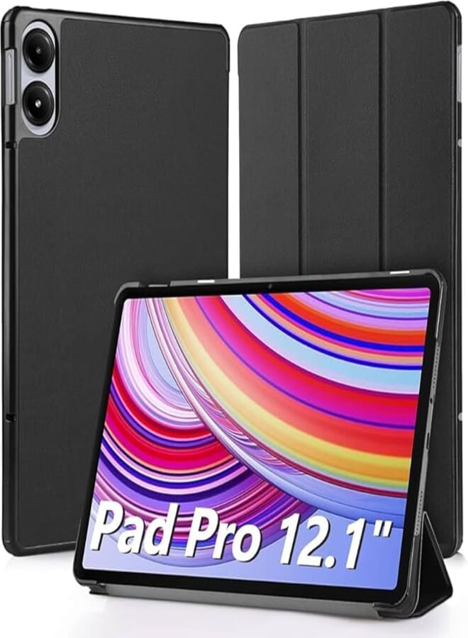 حافظة لجهاز Redmi Pad Pro 12.1 مع حامل قلم 2024، حافظة واقية رقيقة جداً من TPU مع وظيفة حامل (أسود)